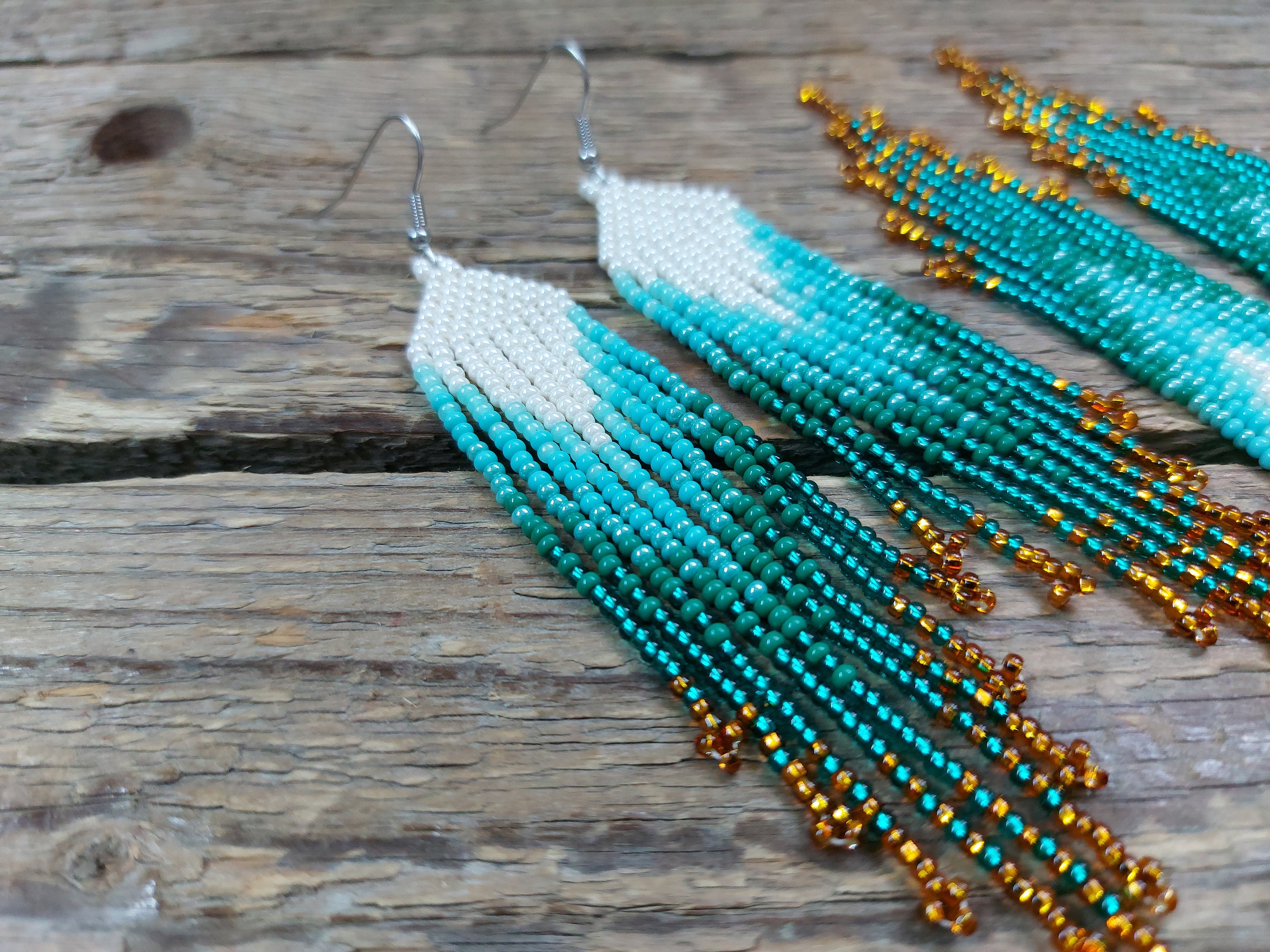Teal Beaded Earrings seed Bead Earrings bead Gradient From Teal to Copper Color dangle chandelier dange Earrings bead Woven Earrings Etsy
