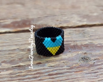 Ukraine ring, Heart beaded ring, Seed bead ring, Ring with blue - yellow heart, Black flat band ring, Peyote ring, Handmade ring