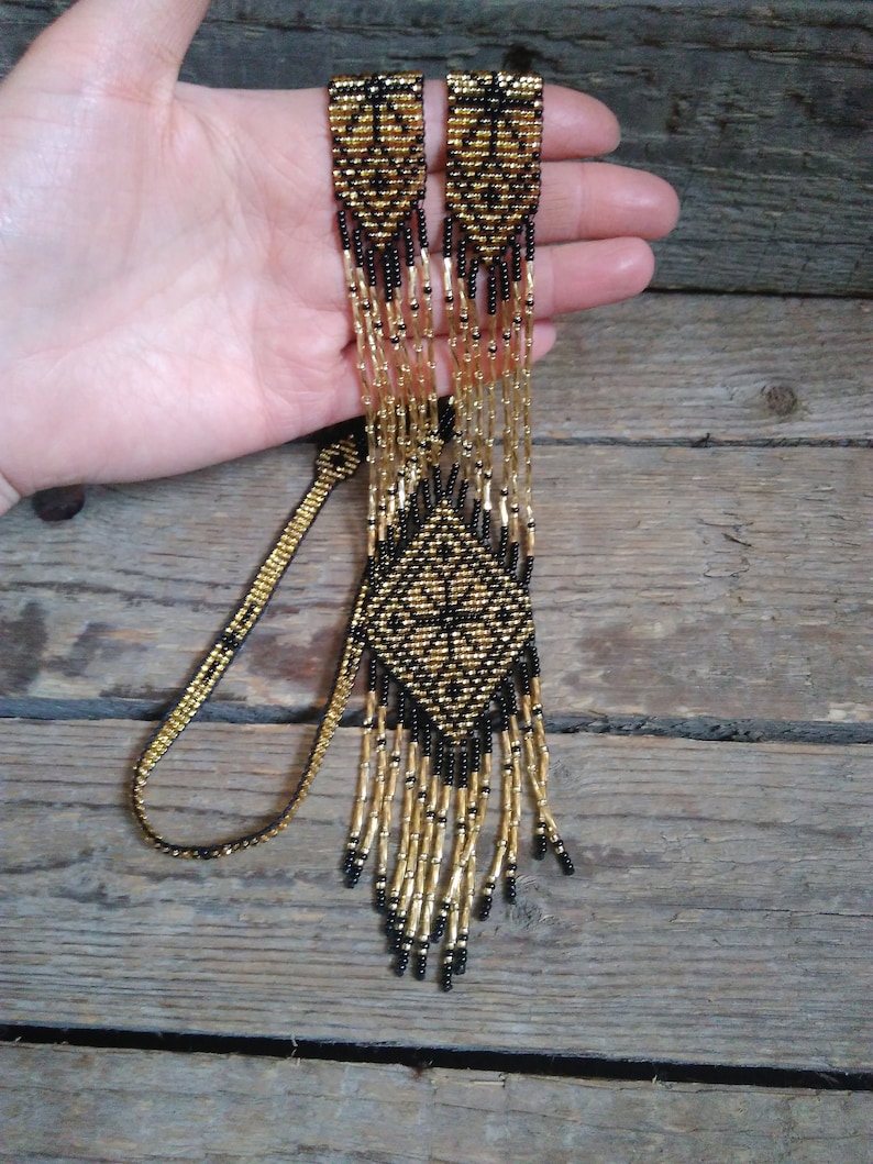 Black and Gold Seed Bead Necklace Ukrainian Beaded Necklace Etsy