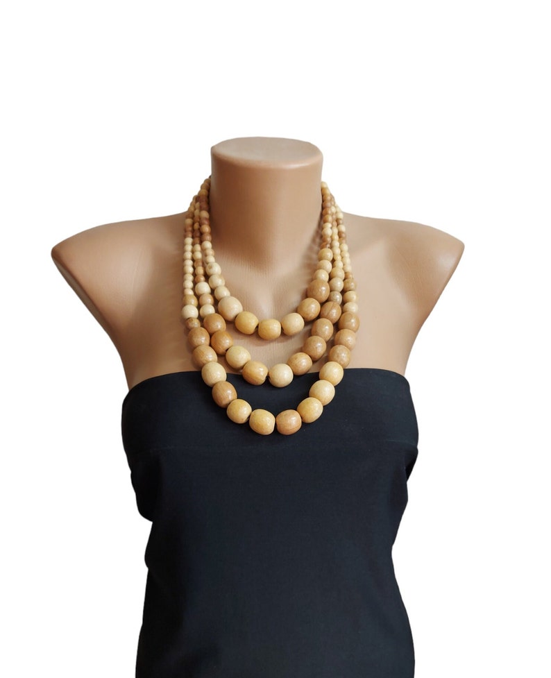 Collier en bois à trois rangées, collier de déclaration pour les femmes, collier de perles de bois, collier de perles de bois, bijoux écologiques image 2