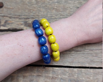 Blue and yellow wooden bracelet, Stacking wood bead bracelet, Ukraine jewelry, 2pcs bracelets, beaded bracelet
