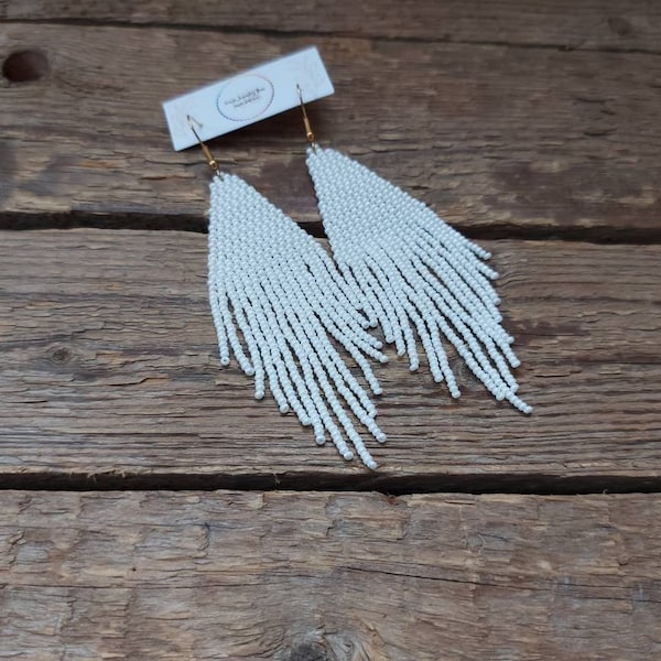 White beaded earrings Beads fringe earrings Solid white earrings Dangle Hand made earrings Statement earrings Jewelry for women