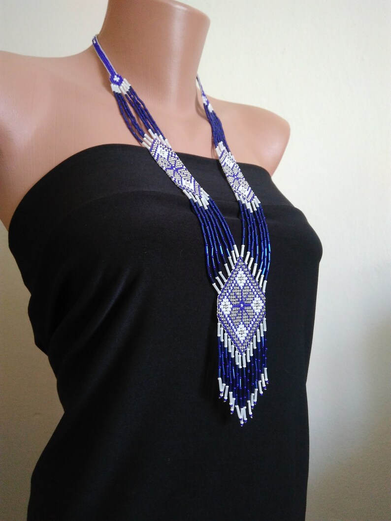 Navy Blue Seed Bead Necklaceukrainian Beaded Necklacenative Etsy