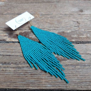 Sea - green beaded earrings,Beads fringe earrings,Teal bead earrings,Handmade earrings,Statement earrings,Jewelry for women,Gift for her