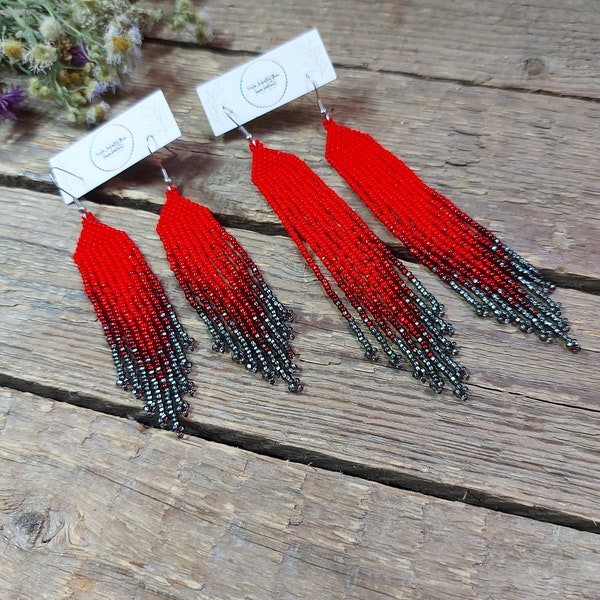 Red beaded earrings,long fringe earrings,Bead fringe earrings,Red seed beads earrings,Ombre earrings,Red dangle earrings,Gift for her
