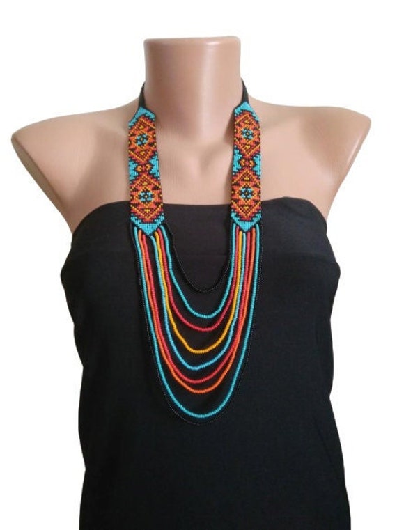 Beaded Necklace Colorful Ethnic Necklace Layered Seed Bead