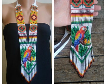 Parrot necklace, Beadwork necklace, Long beaded necklace, Artisan necklace, Colorful unisex necklace, Seed bead necklace, handmade jewelry