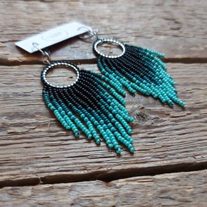 Bead fringe earrings, Black - green - turquoise earrings, Hoop earrings, Handmade earrings, Boho earrings, Beadwork jewelry, Gift for her