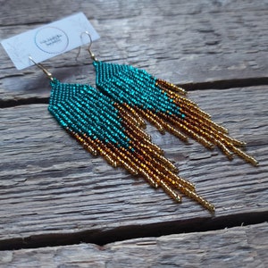 Teal Gold beaded earrings,Bead fringe earrings,Green ombre earrings,Chandelier earrings,Bohemian earrings,Beadwork jewelry,Handmade gift