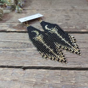 Crescent moon earrings, Black gold beaded earrings, Long earrings, Bead Fringe earrings, Seed beads earrings, Beadwork jewelry for her