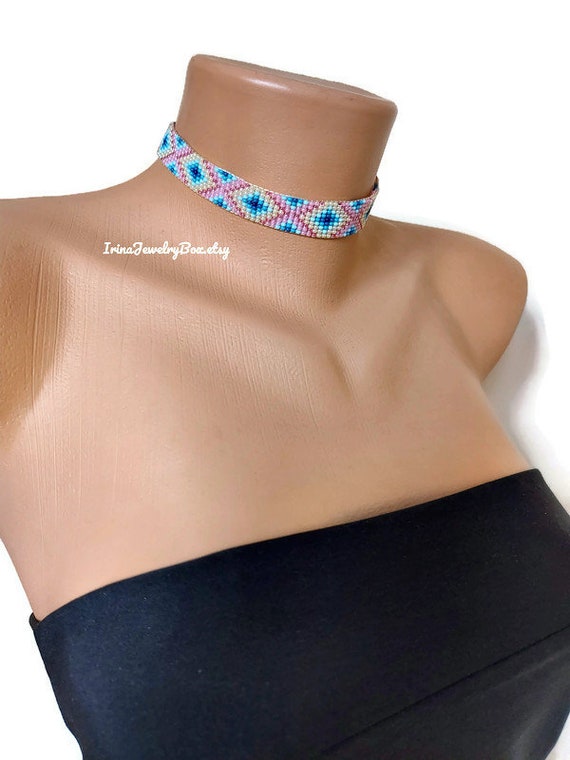 Blue Pink Choker Pastel Colors Beaded Choker Bead Loom Choker