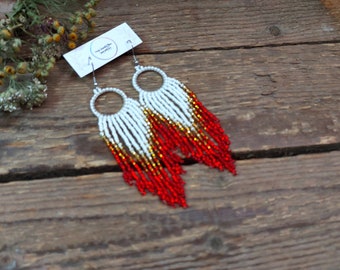 Red earrings,Hoop fringe earrings,Red white beaded earrings,Shiny red beads earrings,long gradient earrings,Seed bead Jewelry for women