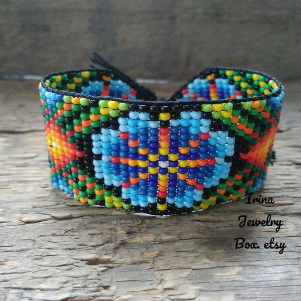 Bead loom bracelet,Flowers bracelet,Wide Huichol bracelet,Ethno style beaded bracelet,Geometric beads bracelet,Woven bracelet