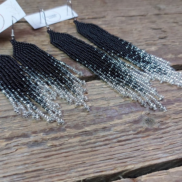 Black ombre earrings,Black silver beaded earrings,Long dangle earrings,Bead fringe earrings,Bohemian earrings,Handmade jewelry,Gift for her