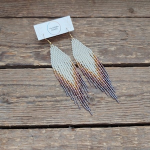 Ivory  caramel  gray-lilac beaded earrings, Bead fringe earrings, Long gradient earrings,  Pastel colors earrings, Seed beads earrings