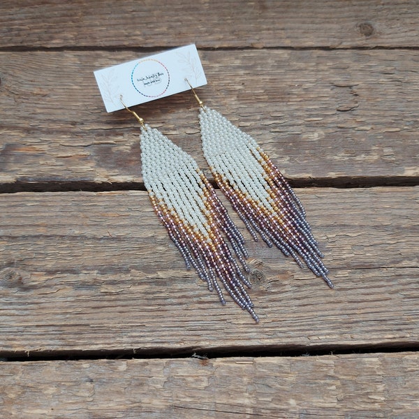 Ivory  caramel  gray-lilac beaded earrings, Bead fringe earrings, Long gradient earrings,  Pastel colors earrings, Seed beads earrings