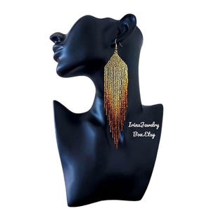 Gold Beaded earring, Beads fringe earrings, Seed bead earrings, Long golden earrings, Bead gradient earrings, Jewelry for women, Handmade