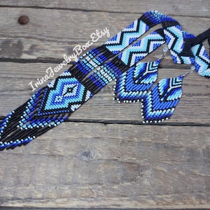Blue beaded necklace, Geometric necklace, Long seed bead necklace, Beads necklace for women/men, Bead loom Necklace, Beadwork Jewelry