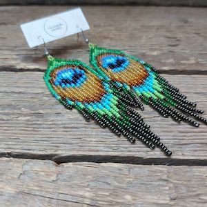 Peacock feather earrings, Seed bead earrings, Bohemian earrings, Bead fringe earrings, Green beads earrings, Long earrings, Gift for women
