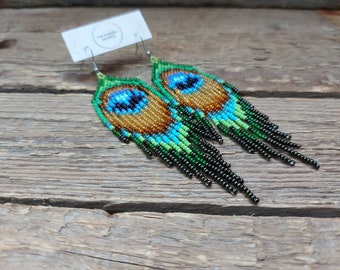 Peacock feather earrings, Seed bead earrings, Bohemian earrings, Bead fringe earrings, Green beads earrings, Long earrings, Gift for women