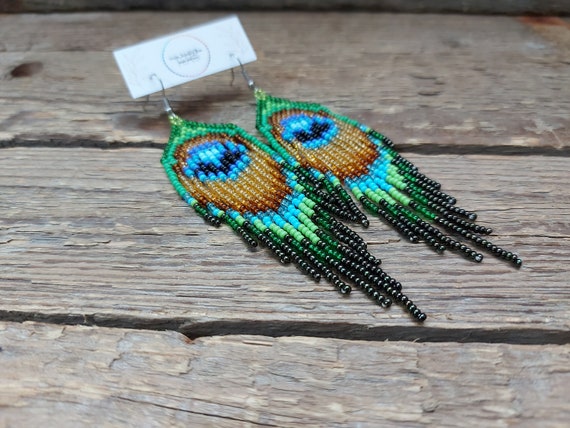 Peacock Feather Earrings Seed Bead Earrings Bohemian Earrings Bead Fringe Earrings Green Beads Earrings Long Earrings Gift for Women Etsy Sweden
