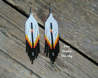 Feather seed bead Earrings,Native American style Beaded Earrings feather,Dangling Earrings,Handmade earrings,Beadwork jewelry,Gift for women