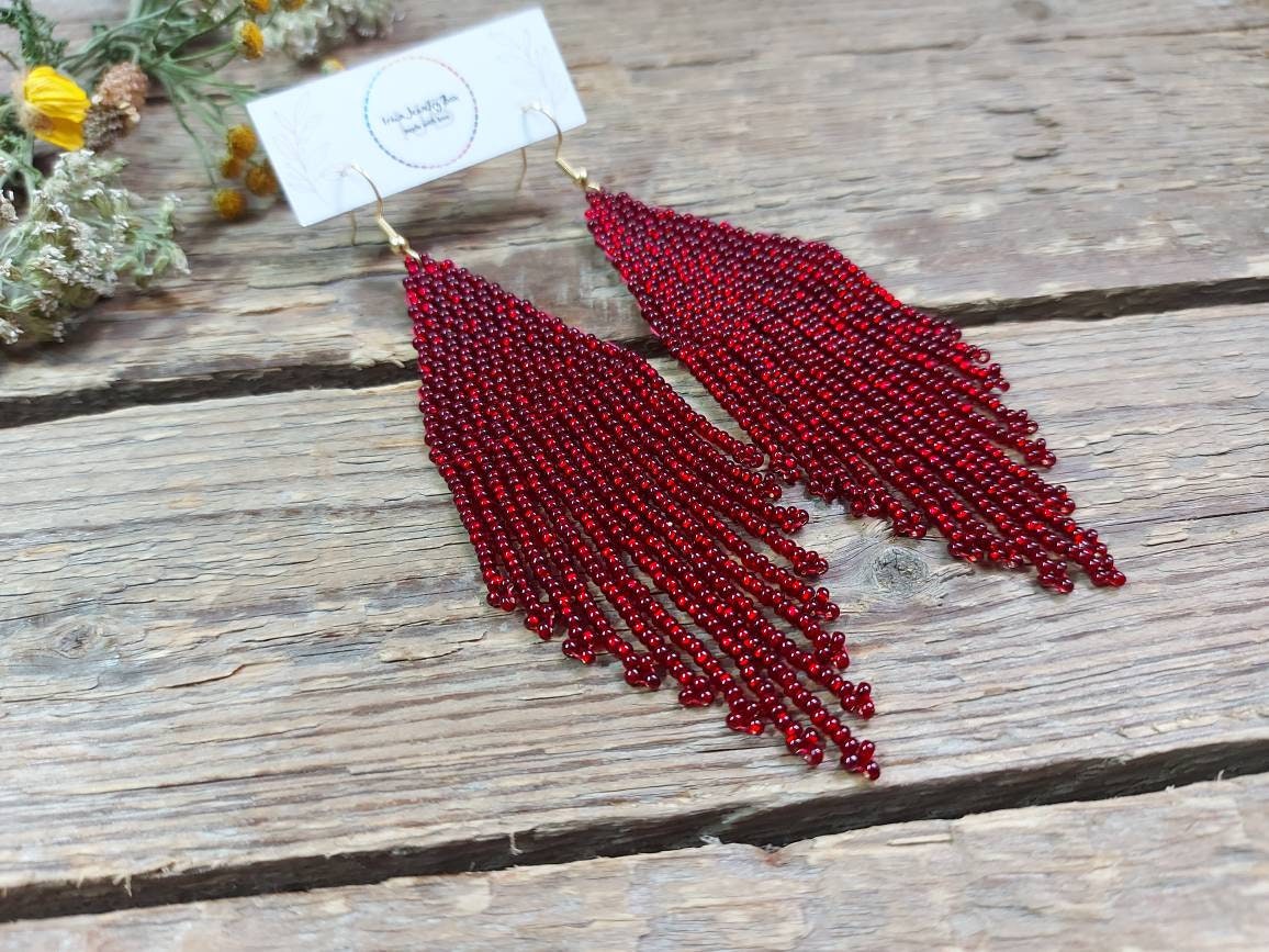 Red seed bead earrings deals