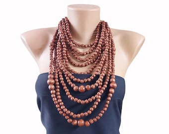 Chunky Multi-Strand Statement Jewelry, Brown/Mocha/Neutral Wooden Bead Necklace, Boho Style Long Necklace Handmade