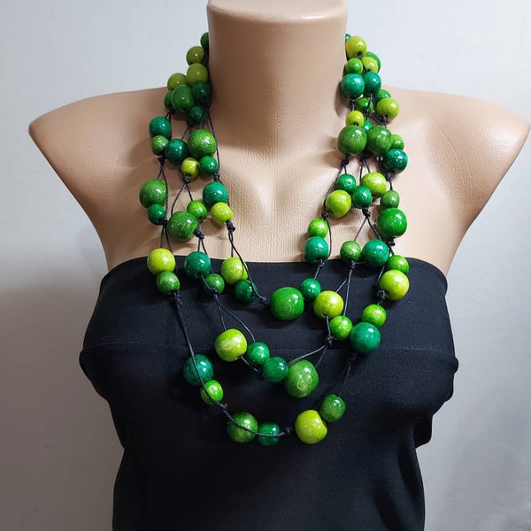 Green mix wooden necklace,layered necklace, Wood bead necklace,Big bead necklace,Chunky necklace, Statement necklace,Eco jewelry for women