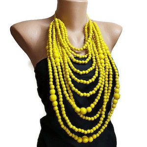 Yellow Wooden Multi-Strand Necklace: Chunky Statement Jewelry