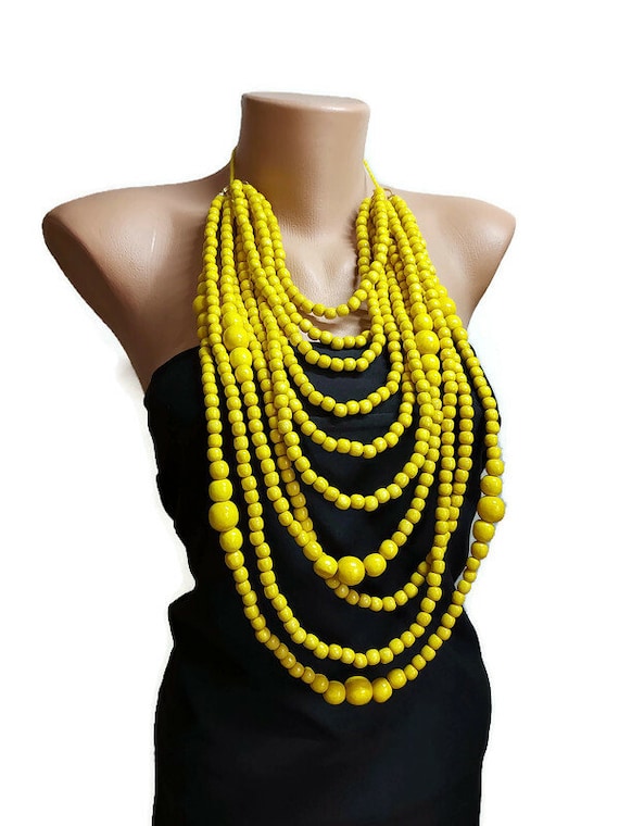 Yellow Wooden Multi-Strand Necklace: Chunky Statement Jewelry
