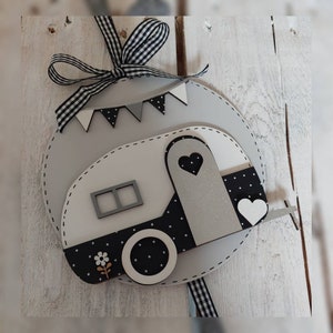 Vintage caravan sign, wooden and handpainted wall hanging personalised to suit. Black/Silver