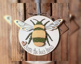 Bee wall sign,hanging plaque personalised with"welcome to our hive"and other text, available various colours.