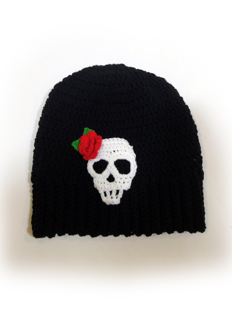 Skull and Rose Beanie. Sugar Skull Crochet Slouchy Hat. Black Etsy