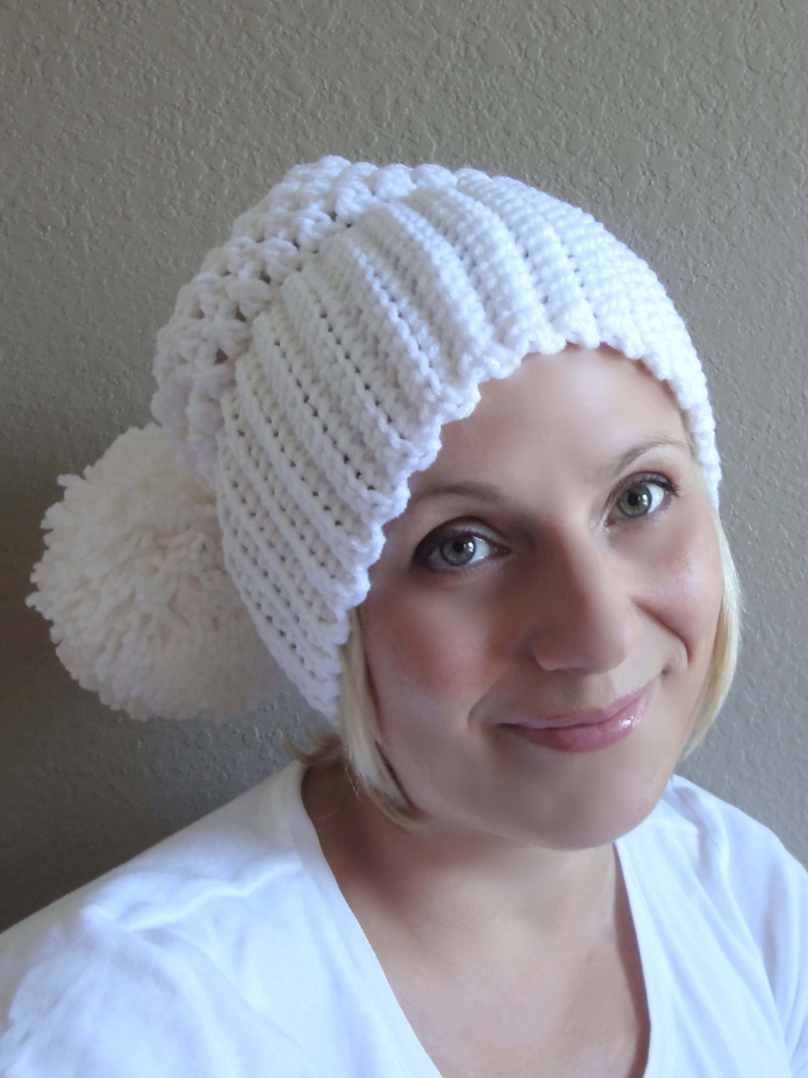 Large Pom Pom Crochet Chunky Hat. White or Any of 44 Colors. Etsy