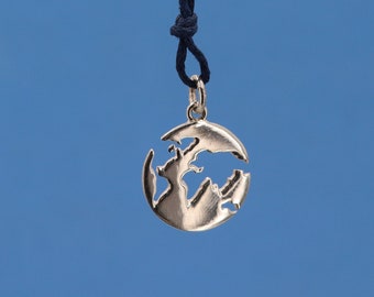 Planet earth in silver - earth pendant - travel pendant gift idea - cord pendant - travel jewelry
