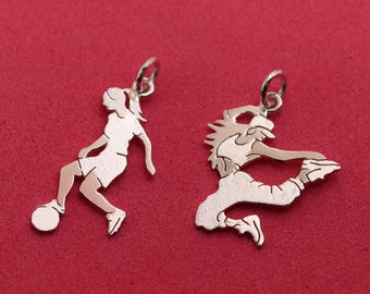 Handcrafted silver soccer player and hip hop dancer pendants