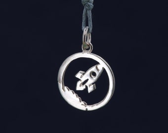 Rocket pendant in silver - spaceship pendant - alien pendant gift idea - cord pendant - jewel from space