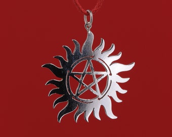 Pendulo de pentum Pentacle con círculo de fuego - pentáculo de llama - amuleto de plata - colgante de amuleto