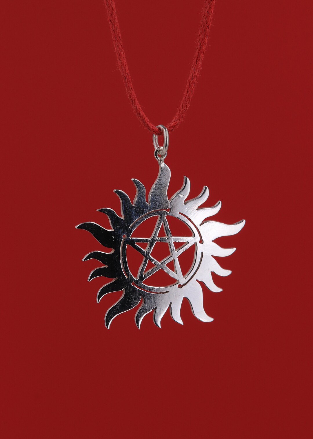 Pentacle Pendant With Circle of Fire Pentacle With Flames Silver Amulet ...