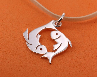 Silver sign of Pisces Pendant, with necklace - Hand Made - ZODIAC - No Nickel