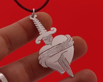 Heart pendant with dagger handmade in sterling silver - Old School Tattoo - customizable with engraving - love - friendship - gift idea