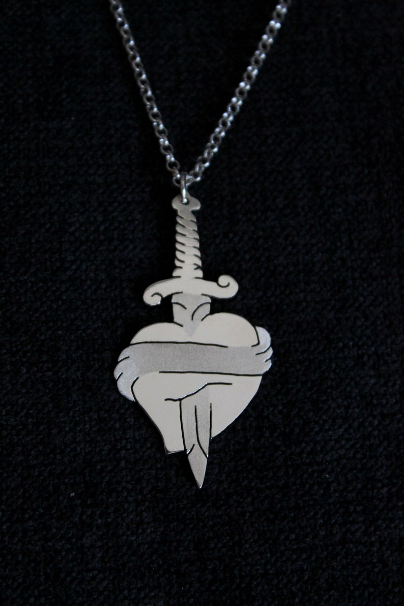 Old School Tattoo love friendship Heart pendant with dagger handmade in sterling silver customizable with engraving gift idea