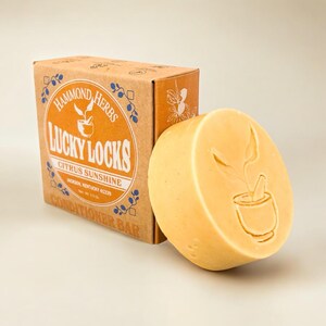 May include: A round, yellow conditioner bar with the words "Lucky Locks Citrus Sunshine" and a small illustration of a mortar and pestle with a plant growing out of it. The bar is packaged in a brown box with the same illustration and the words "Hammond Herbs Lucky Locks Conditioner Bar".