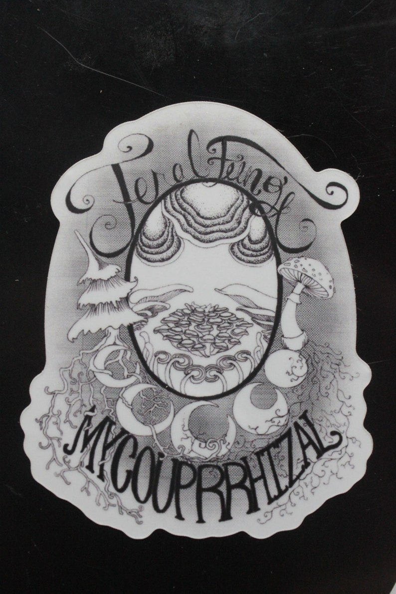 May include: Black and white sticker with the text "Jere Finnoff Mycorrhizal" in a stylized font. The sticker features a mushroom with a cap and stem, a stylized tree, and a series of crescent moons.