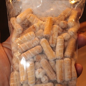 May include: A clear plastic bag filled with a large quantity of small, wooden dowels. The dowels are all the same size and are arranged in a random pattern. The dowels are a light brown color and have a smooth, polished finish.