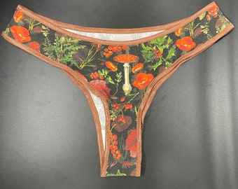 Amanita Low waisted Mushroom thong, organic red & black Poppy, Thistle Holly Fungi Underwear Floral Panties