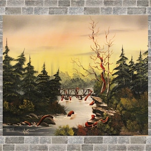 May include: A painting of a forest scene with a wooden bridge over a river. The river is filled with red tentacles, and the sky is a soft orange and yellow.
