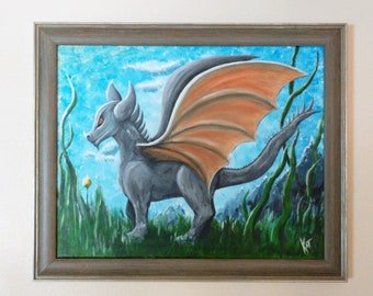 16x20 Original Acrylic Painting Gargoyle Dragon Creature
