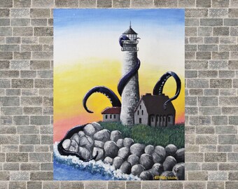 Lighthouse and Kraken 8x10 print of altered thrift store painting